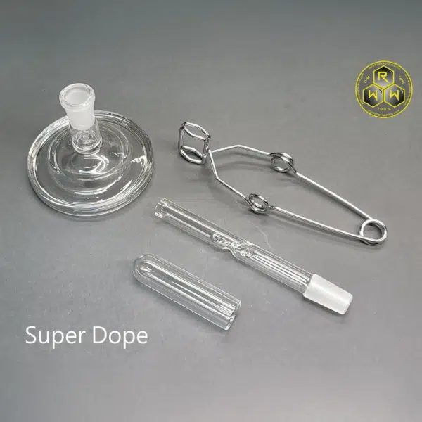 The Rogue Wax Works 14mm Quartz Cap showing the cap, bowl, tongs, and super dope stand