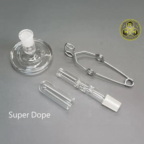 The Rogue Wax Works 18mm Quartz Cap showing the cap, bowl, tongs, and super dope stand